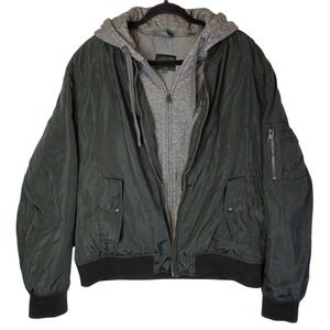 Express Mens XL Bomber Jacket Removable Hood Double Zipper Layered Casual Outer